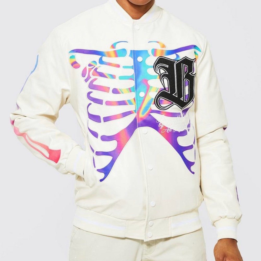 Creme colorful tie dye skeleton pattern bomber. Brand new. Size L.